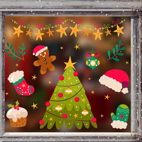 Pegatinas De Pared Árbol De Navidad Hombre De Jengibre Ventana PVC Decoración Estática Para Hogar Fiesta Navidad Decoraciones