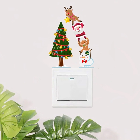 Adesivi da Parete Natalizi Babbo Natale Renna Pupazzo di Neve PVC Cartone Animato Decalcomanie Interruttore per Decorazione Casa Festa