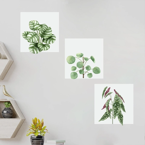 3Pcs Green Plant Wall Stickers Watercolor Leaves PVC Wall Decals For Living Room Bedroom Home Decor Modern Minimalist Wall Art