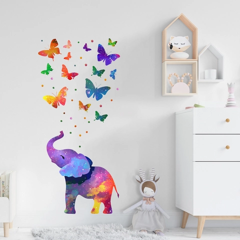 Colorful Galaxy Elephant Butterfly Wall Sticker PVC Artistic Nebula Animal Decal For Kids Room Bedroom Home Decoration