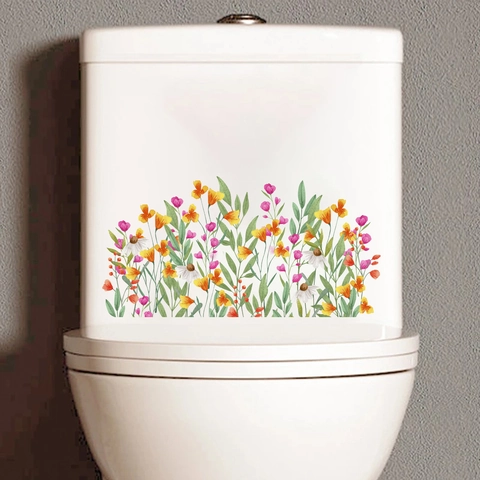 Adhesivo de Inodoro de PVC Impermeable con Flores de Acuarela para Baño Calcomanía de Pared Estética Decoración del Hogar