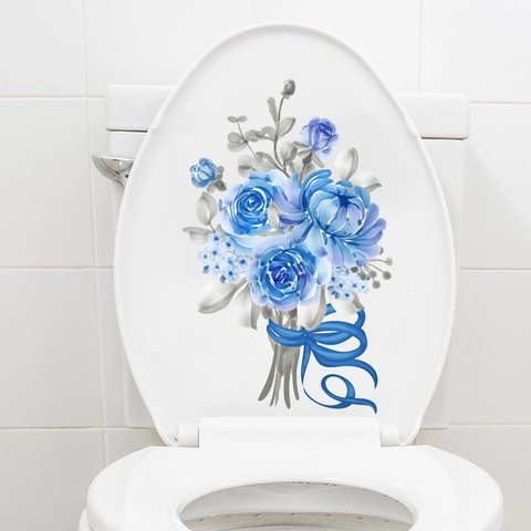 Sticker de Couvercle de Toilette Bouquet de Fleurs Bleues Aquarelle PVC Imperméable Amovible Décalcomanie Florale de Rose pour Décoration Salle de Bain Maison