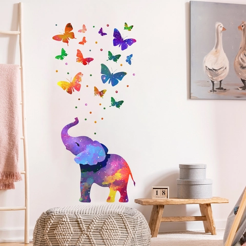 Colorful Galaxy Elephant Butterfly Wall Sticker PVC Artistic Nebula Animal Decal For Kids Room Bedroom Home Decoration