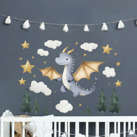 Schattige Cartoon Dinosauriër Muurstickers Met Gouden Sterren Witte Wolken Dennenbomen Aquarel PVC Stickers Voor Kinderkamer Decor