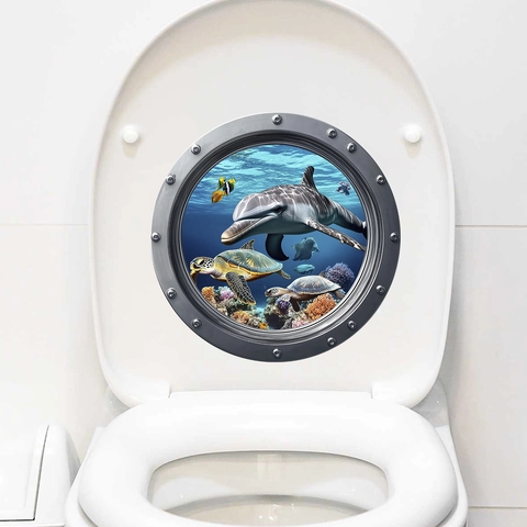 Pegatina para Inodoro 3D Vida Marina Delfín Tortuga Ojo de Buey de Submarino Calcomanía de Pared Impermeable PVC Decoración Baño