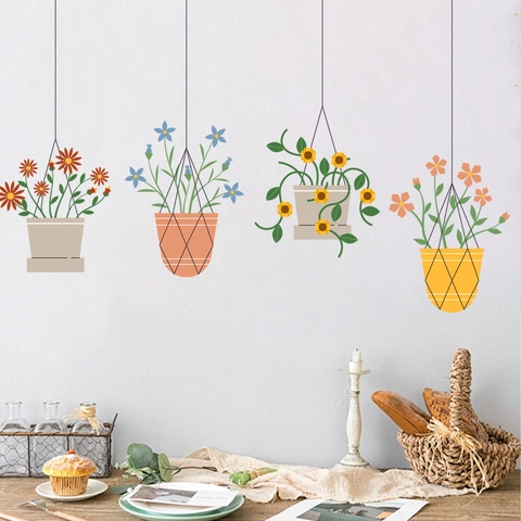 Pegatinas de Pared de Plantas en Macetas Colgantes PVC Calcomanías Botánicas de Flores para Decoración del Hogar