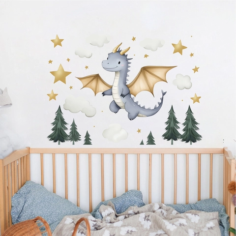 Schattige Cartoon Dinosauriër Muurstickers Met Gouden Sterren Witte Wolken Dennenbomen Aquarel PVC Stickers Voor Kinderkamer Decor
