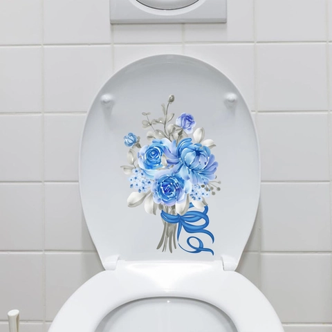 Sticker de Couvercle de Toilette Bouquet de Fleurs Bleues Aquarelle PVC Imperméable Amovible Décalcomanie Florale de Rose pour Décoration Salle de Bain Maison