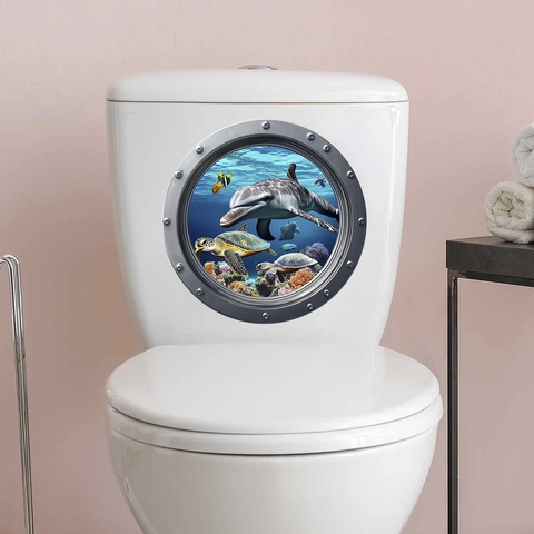 Pegatina para Inodoro 3D Vida Marina Delfín Tortuga Ojo de Buey de Submarino Calcomanía de Pared Impermeable PVC Decoración Baño