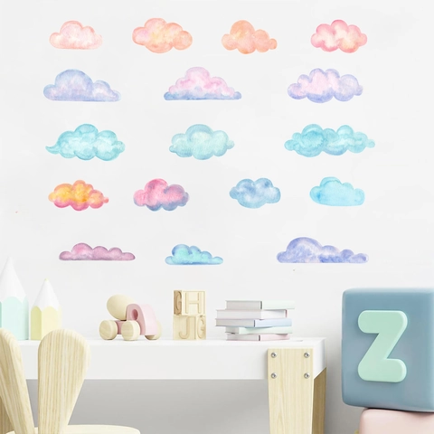 Watercolor Cloud Wall Stickers For Kids Room Nursery Decor Macaron Pastel PVC DIY Wall Art Decals For Bedroom Home Decor