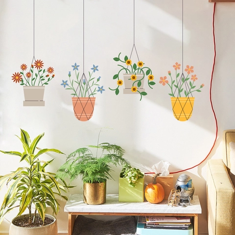 Pegatinas de Pared de Plantas en Macetas Colgantes PVC Calcomanías Botánicas de Flores para Decoración del Hogar