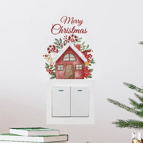 Merry Christmas Cottage Switch Sticker PVC Removable Wall Decal For Festive Home Room Decoration Snow House Ornament