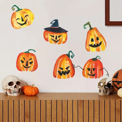 Αυτοκόλλητα Τοίχου Κολοκύθας Halloween Ακουαρέλα PVC Αστείο Πρόσωπο Κολοκύθας Διακοσμητικά για Παράθυρο Τοίχου Πάρτι στο Σπίτι