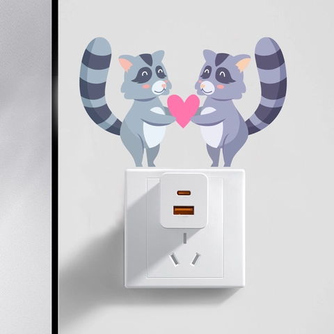 Cartoon Raccoon Love Heart Wall Stickers DIY Switch Decorative Decal For Living Room Bedroom Socket Decoration PVC Art Wall Mural