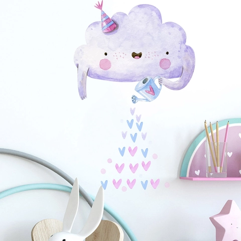 Watercolor Cartoon Purple Cloud With Heart PVC Wall Sticker For Kids Nursery Room Bedroom Home Decoration Decal