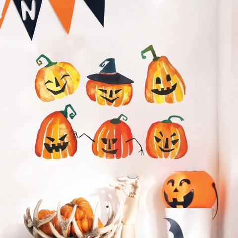 Αυτοκόλλητα Τοίχου Κολοκύθας Halloween Ακουαρέλα PVC Αστείο Πρόσωπο Κολοκύθας Διακοσμητικά για Παράθυρο Τοίχου Πάρτι στο Σπίτι