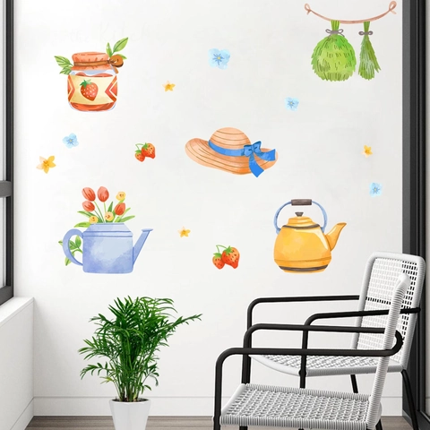 Watercolor Kitchen Wall Stickers Floral Kettle Strawberry Jam Pattern PVC Decals For Dining Room Balcony Home Decor