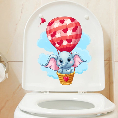 Cartoon Elephant Hot Air Balloon Toilet Seat Sticker Waterproof PVC Wall Decal For Bathroom Home Decor Kids Room Nursery