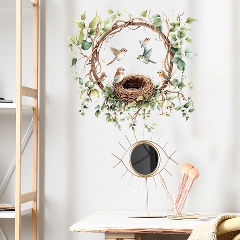 Aquarell Vogelnest Kranz Wandaufkleber Natur Blatt Vogel Wandtattoo Für Wohnzimmer Schlafzimmer Abnehmbare PVC Wandkunst Dekor