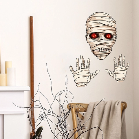 Halloween Mummy Wall Decals PVC Scary Red Eyes Mummy Head And Hands Stickers For Haunted House Home Party Decor