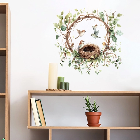 Aquarell Vogelnest Kranz Wandaufkleber Natur Blatt Vogel Wandtattoo Für Wohnzimmer Schlafzimmer Abnehmbare PVC Wandkunst Dekor
