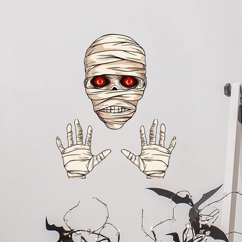 Halloween Mummy Wall Decals PVC Scary Red Eyes Mummy Head And Hands Stickers For Haunted House Home Party Decor