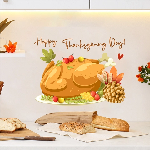 Sticker Mural Dinde Rôtie Action de Grâce PVC Amovible Feuilles d'Automne Pomme de Pin Happy Thanksgiving Day Maison Cuisine Décor