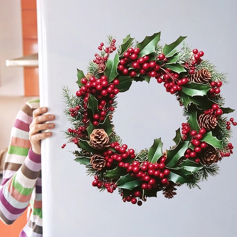 Pegatina de Pared Corona de Navidad Baya Roja Piña de Pino PVC Calcomanía Decoración Festiva para Pared de Hogar Refrigerador