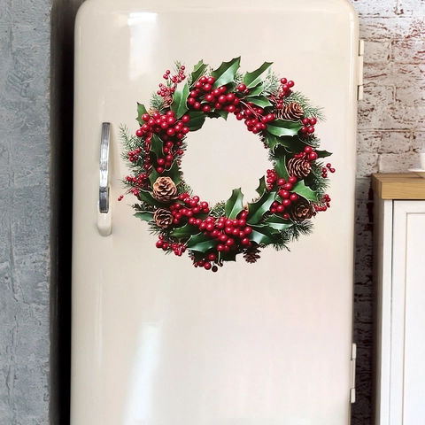 Pegatina de Pared Corona de Navidad Baya Roja Piña de Pino PVC Calcomanía Decoración Festiva para Pared de Hogar Refrigerador