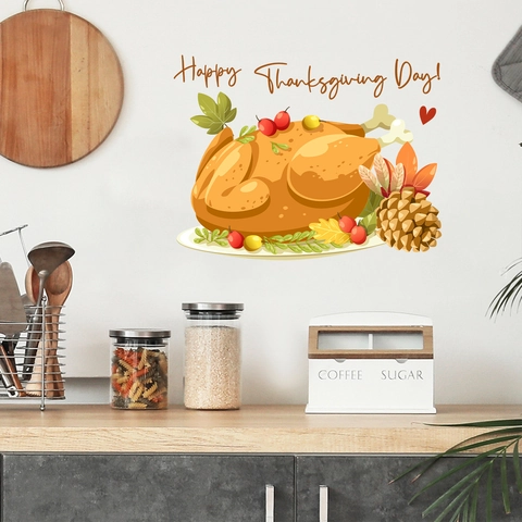 Sticker Mural Dinde Rôtie Action de Grâce PVC Amovible Feuilles d'Automne Pomme de Pin Happy Thanksgiving Day Maison Cuisine Décor