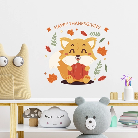 Pegatina de Pared de Acción de Gracias Zorro Dibujos Animados Calabaza Hoja de Membrillo Calcomanía PVC Decoración del Hogar