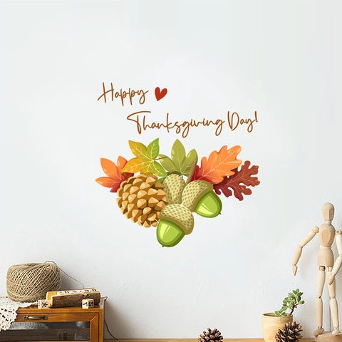 Happy Thanksgiving Day Ahornblatt Kiefernzapfen Wandaufkleber PVC Dekorative Herbst Ernte Thema Wandkunst Zuhause Dekor