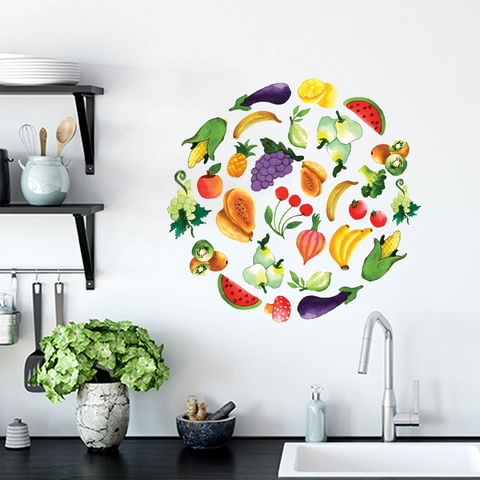 Watercolor Vegetables Fruits Wall Stickers PVC Removable Kitchen Wall Decals Home Dining Room Decor Fruit Pattern Sticker