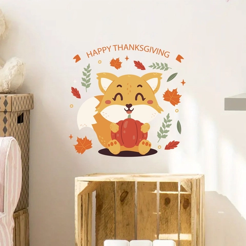 Pegatina de Pared de Acción de Gracias Zorro Dibujos Animados Calabaza Hoja de Membrillo Calcomanía PVC Decoración del Hogar