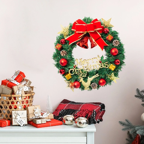 Sticker Mural Couronne de Noël Élan Renne Nœud en PVC Amovible pour Salon Chambre à Coucher Décoration de Fête Festive
