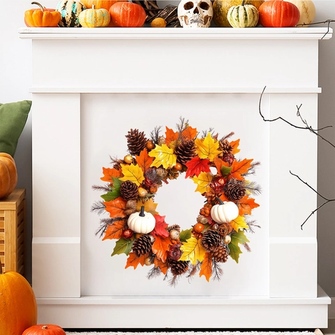 Erntedankfest Herbst Kranz Wandtattoo Ahornblatt Kürbis Kiefernzapfen PVC Abnehmbarer Aufkleber Für Wohnzimmer Schlafzimmer Home Dekor