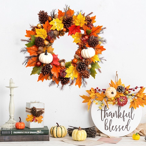 Erntedankfest Herbst Kranz Wandtattoo Ahornblatt Kürbis Kiefernzapfen PVC Abnehmbarer Aufkleber Für Wohnzimmer Schlafzimmer Home Dekor
