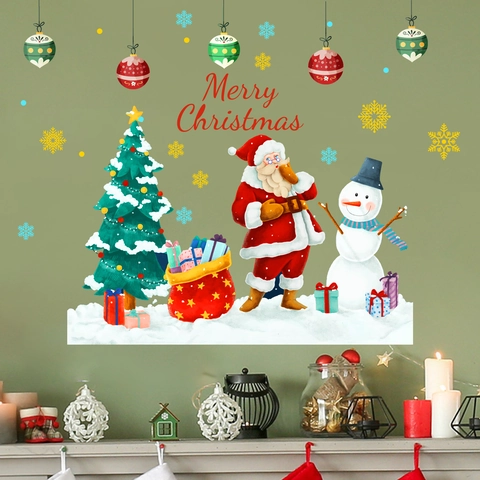 Weihnachten Wandaufkleber Weihnachtsmann Schneemann Weihnachtsbaum Schneeflocken PVC Fenster Glas Aufkleber Für Zuhause Deko