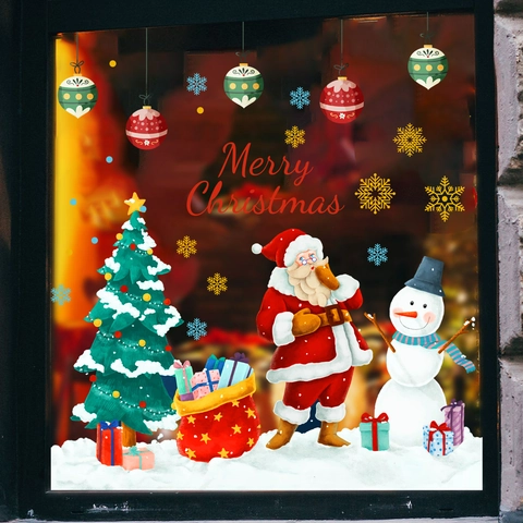 Weihnachten Wandaufkleber Weihnachtsmann Schneemann Weihnachtsbaum Schneeflocken PVC Fenster Glas Aufkleber Für Zuhause Deko