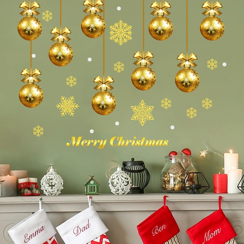 Goldene Weihnachts Wandaufkleber Metallische Weihnachtskugeln Schneeflocken Fensteraufkleber Merry Christmas Schriftzug Für Festliche Haus Dekoration