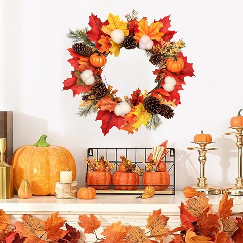 Adesivo da Parete Ghirlanda del Ringraziamento PVC Foglia di Acero Rossa Pigna Zucca Autunnale Decalcomania Decorativa per Casa