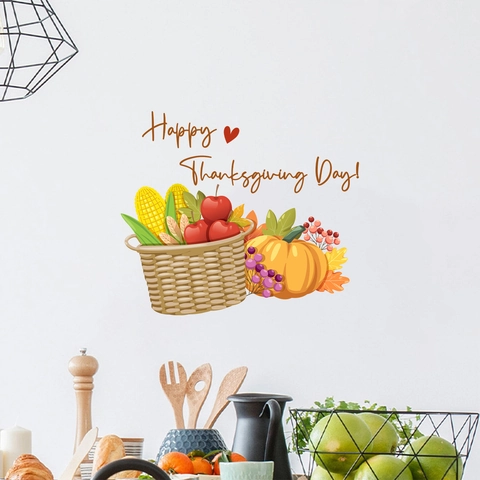 Happy Thanksgiving Day Pumpkin Harvest Basket Wall Sticker PVC Decorative Decal For Kitchen Living Room Home Wall Decor