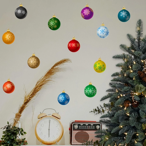 Snowflake Christmas Ball Wall Stickers PVC Waterproof Colorful Bauble Decals For Home Living Room Bedroom Festive Decoration