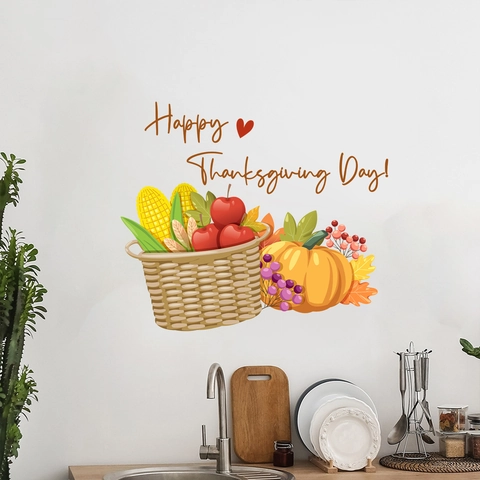 Happy Thanksgiving Day Pumpkin Harvest Basket Wall Sticker PVC Decorative Decal For Kitchen Living Room Home Wall Decor
