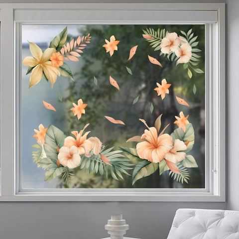 Tropische Hibiskus Blume Fensteraufkleber PVC Abnehmbare Blatt Wandtattoo Für Wohnzimmer Schlafzimmer Glas Dekoration