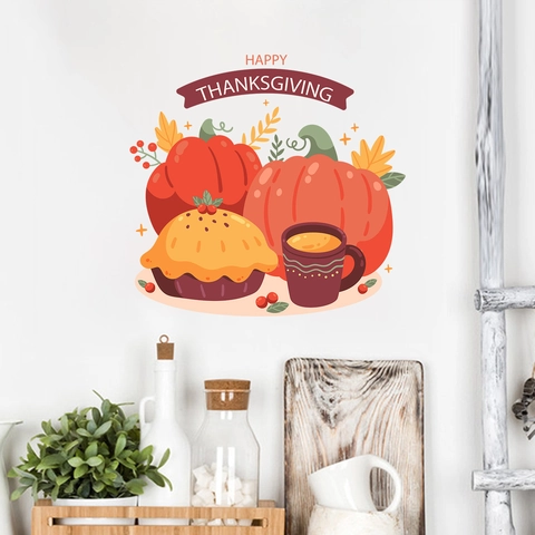 Adesivo da Parete in PVC Happy Thanksgiving Rimovibile con Zucca Torta di Zucca Foglia d'Acero per Decorazione Casa Cucina