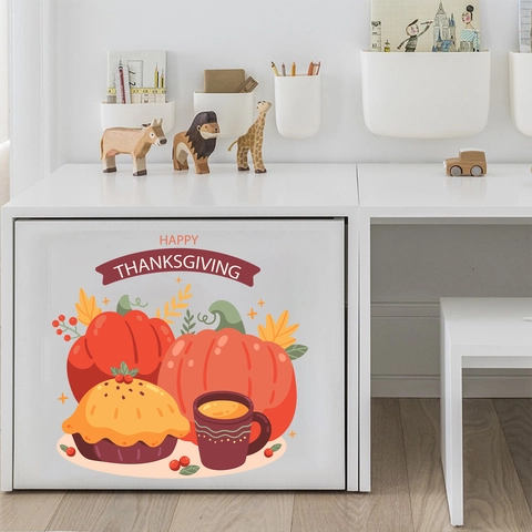 Adesivo da Parete in PVC Happy Thanksgiving Rimovibile con Zucca Torta di Zucca Foglia d'Acero per Decorazione Casa Cucina