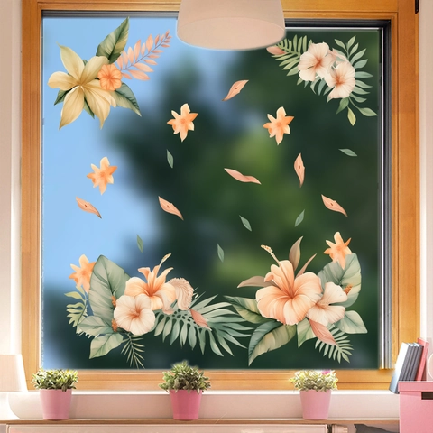Tropische Hibiskus Blume Fensteraufkleber PVC Abnehmbare Blatt Wandtattoo Für Wohnzimmer Schlafzimmer Glas Dekoration