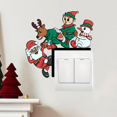 Christmas Switch Sticker Santa Claus Snowman Reindeer Elf Cartoon PVC Wall Decal Home Decor Holiday Party Socket Ornament