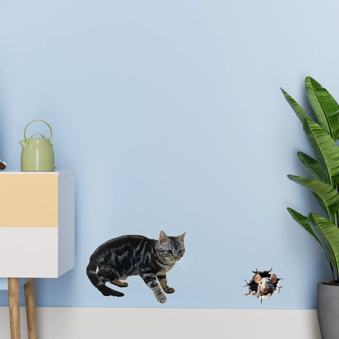 3D Creative Cute Cat And Mouse Hole Wall Sticker Removable PVC Decal For Skirting Board Stairs Living Room Home Decor Art